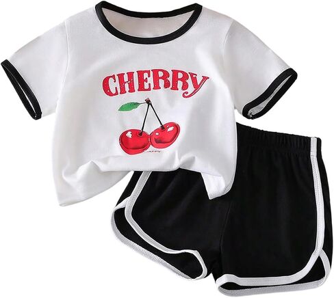 Toddler Girl's 2 Piece Summer Outfits Short Sleeve Cherry Graphic Tees and Mini Dolphin Shorts Sets in Saudi Arabia