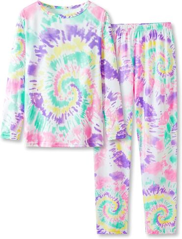 بيجامة عصرية بصبغة لولبية للفتيات مكونة من قطعتين ناعمة بأكمام طويلة وسراويل PJ Set Jammies مقاس 6-18 in Kuwait
