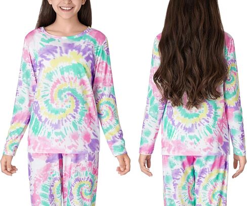 بيجامة عصرية بصبغة لولبية للفتيات مكونة من قطعتين ناعمة بأكمام طويلة وسراويل PJ Set Jammies مقاس 6-18 in Kuwait