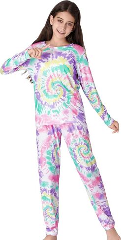 بيجامة عصرية بصبغة لولبية للفتيات مكونة من قطعتين ناعمة بأكمام طويلة وسراويل PJ Set Jammies مقاس 6-18 in Kuwait