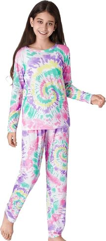 بيجامة عصرية بصبغة لولبية للفتيات مكونة من قطعتين ناعمة بأكمام طويلة وسراويل PJ Set Jammies مقاس 6-18 in Kuwait