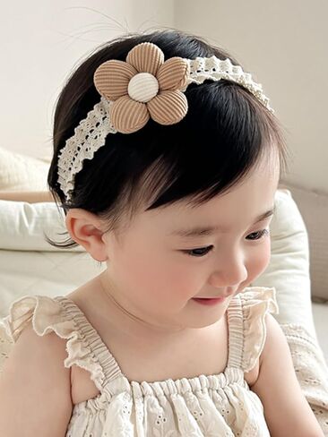 Baby Girls Hairbands Lace Flowers Headband Handmade Soft Stretchy Colorful Flower Hairband Newborn Headbands with Pearls Elastic Hairbands for Infant Head Band (Two Pink Flowers) in Saudi Arabia