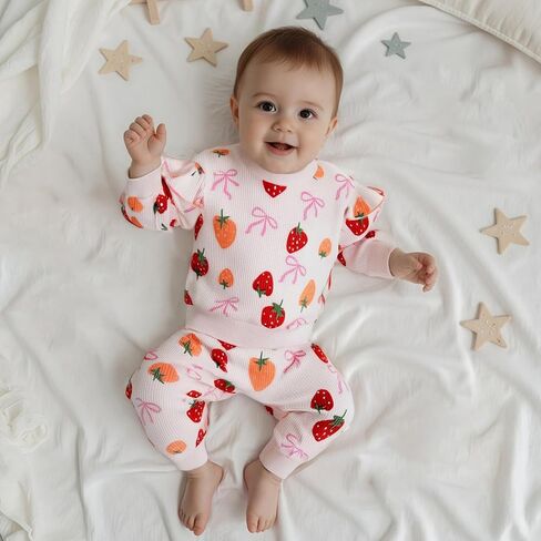 Emmababy Strawberry Outfit Toddler Girl Girl Winter Baby Cloths Strawberry Sweater Crewneck Sweatshirt و Pants in Kuwait