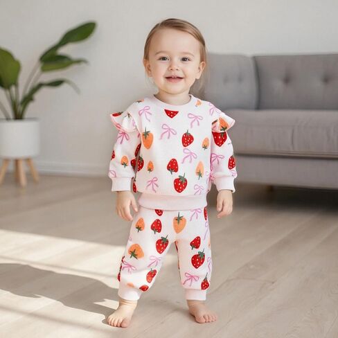 Emmababy Strawberry Outfit Toddler Girl Girl Winter Baby Cloths Strawberry Sweater Crewneck Sweatshirt و Pants in Kuwait