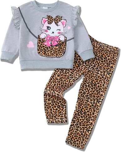 Jecson Toddler Girl Clothes Ruffle Long Sleeve Figure Graphic Sweatshirt and Leopard Pants Fall Winter Outfits Set 2-8Y in Kuwait
