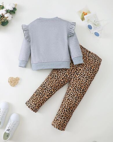Jecson Toddler Girl Clothes Ruffle Long Sleeve Figure Graphic Sweatshirt and Leopard Pants Fall Winter Outfits Set 2-8Y in Kuwait
