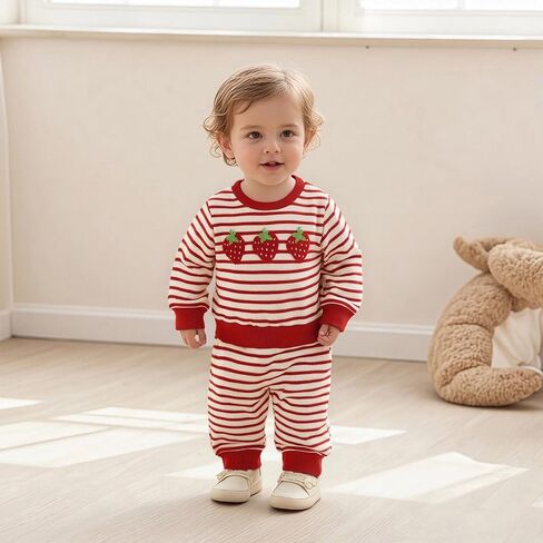Emmababy Strawberry Outfit Toddler Girl Girl Winter Baby Cloths Strawberry Sweater Crewneck Sweatshirt و Pants in Kuwait
