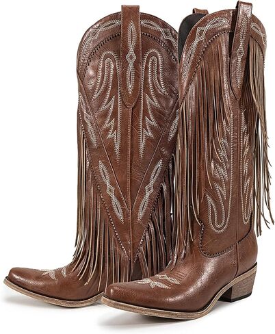Atuelang Fringe Cowgirl Boots المطرزة أحذية رعاة البقر للنساء شرابات منتصف العجل الأحذية الغربية in Kuwait