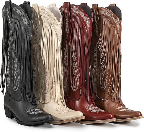 Atuelang Fringe Cowgirl Boots المطرزة أحذية رعاة البقر للنساء شرابات منتصف العجل الأحذية الغربية in Kuwait