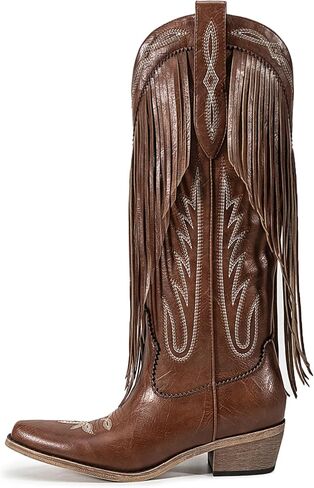 Atuelang Fringe Cowgirl Boots المطرزة أحذية رعاة البقر للنساء شرابات منتصف العجل الأحذية الغربية in Kuwait
