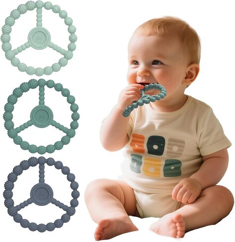 3 Pack Baby Teething Toys 3-6 Months, Silicone Ring Teethers for Babies 6-12 Months, Freezer Safe Chew Toy with Textured Grip for Boys Girls Teething Relief, Infant Easter Gift (Mint Green Blue) in Kuwait
