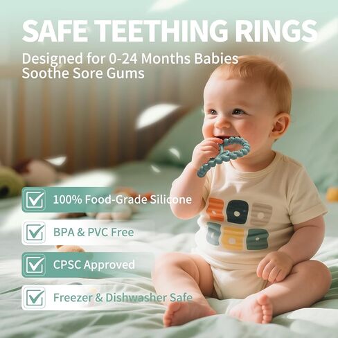 3 Pack Baby Teething Toys 3-6 Months, Silicone Ring Teethers for Babies 6-12 Months, Freezer Safe Chew Toy with Textured Grip for Boys Girls Teething Relief, Infant Easter Gift (Mint Green Blue) in Kuwait
