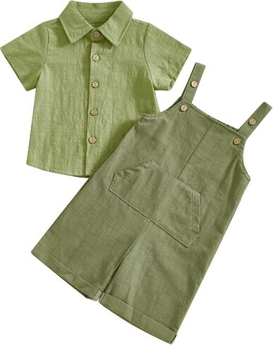 Toddler Baby Boy Summer Clothes Linen Cotton Short Sleeve Button Down Shirt with Loose Fit Overalls Shorts 2Pcs Outfits in Saudi Arabia
