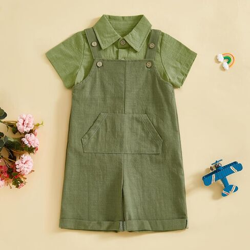Toddler Baby Boy Summer Clothes Linen Cotton Short Sleeve Button Down Shirt with Loose Fit Overalls Shorts 2Pcs Outfits in Saudi Arabia