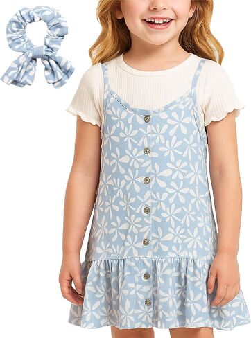 Jessica Simpson Baby Girl Dress - 3 Piece Summer Dress with T-Shirt Underneath and Matching Scrunchie for Toddler Girls in Saudi Arabia