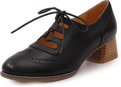 Mona flying Women's Wingtip Oxfords Chunky Heel Lace up Dress Pumps Perforated Round Toe 4cm Mid Heel Leather Shoes for Ladies in Saudi Arabia