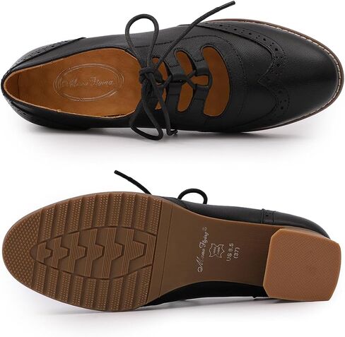 Mona flying Women's Wingtip Oxfords Chunky Heel Lace up Dress Pumps Perforated Round Toe 4cm Mid Heel Leather Shoes for Ladies in Saudi Arabia