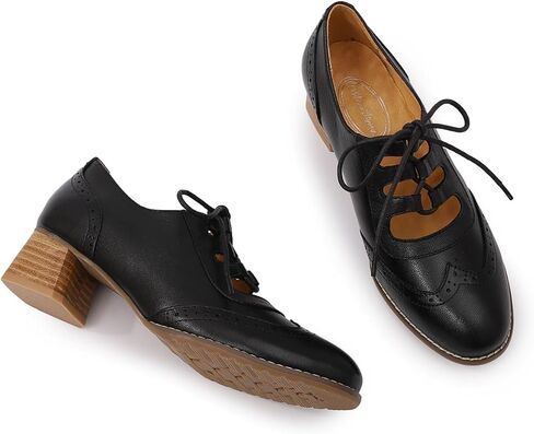 Mona flying Women's Wingtip Oxfords Chunky Heel Lace up Dress Pumps Perforated Round Toe 4cm Mid Heel Leather Shoes for Ladies in Saudi Arabia
