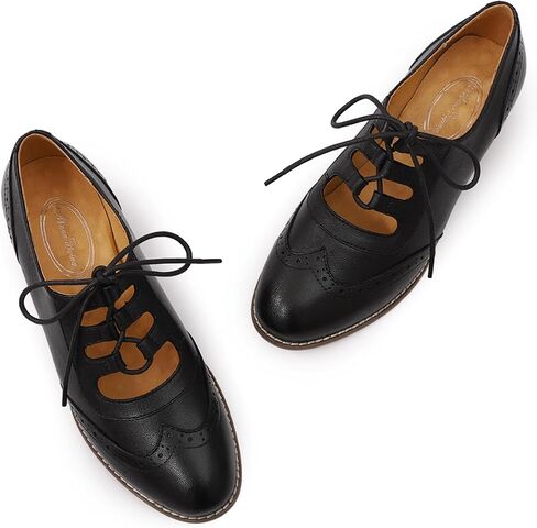 Mona flying Women's Wingtip Oxfords Chunky Heel Lace up Dress Pumps Perforated Round Toe 4cm Mid Heel Leather Shoes for Ladies in Saudi Arabia