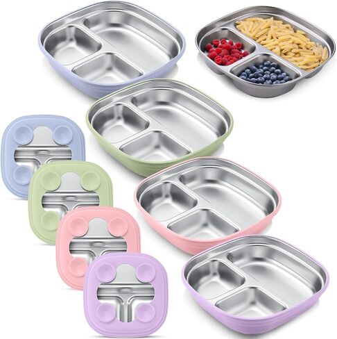 Geiserailie Square Stainless Steel Toddler Plates with Suction – 7.68" Divided Plates with Removable BPA-Free Silicone Sleeves, Unbreakable Baby Feeding Dishes Set of 4(Blue,Green,Beige,Gray) in Saudi Arabia