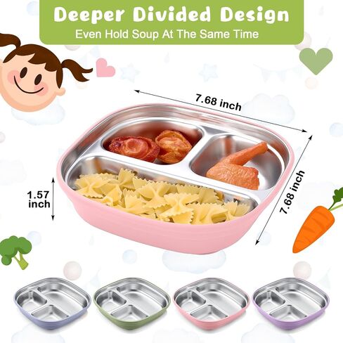 Geiserailie Square Stainless Steel Toddler Plates with Suction – 7.68" Divided Plates with Removable BPA-Free Silicone Sleeves, Unbreakable Baby Feeding Dishes Set of 4(Blue,Green,Beige,Gray) in Saudi Arabia
