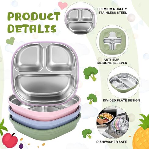 Geiserailie Square Stainless Steel Toddler Plates with Suction – 7.68" Divided Plates with Removable BPA-Free Silicone Sleeves, Unbreakable Baby Feeding Dishes Set of 4(Blue,Green,Beige,Gray) in Saudi Arabia