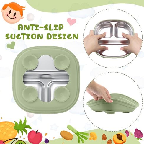 Geiserailie Square Stainless Steel Toddler Plates with Suction – 7.68" Divided Plates with Removable BPA-Free Silicone Sleeves, Unbreakable Baby Feeding Dishes Set of 4(Blue,Green,Beige,Gray) in Saudi Arabia