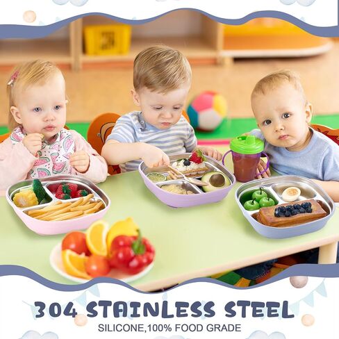 Geiserailie Square Stainless Steel Toddler Plates with Suction – 7.68" Divided Plates with Removable BPA-Free Silicone Sleeves, Unbreakable Baby Feeding Dishes Set of 4(Blue,Green,Beige,Gray) in Saudi Arabia