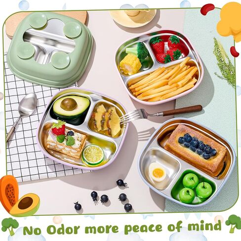 Geiserailie Square Stainless Steel Toddler Plates with Suction – 7.68" Divided Plates with Removable BPA-Free Silicone Sleeves, Unbreakable Baby Feeding Dishes Set of 4(Blue,Green,Beige,Gray) in Saudi Arabia