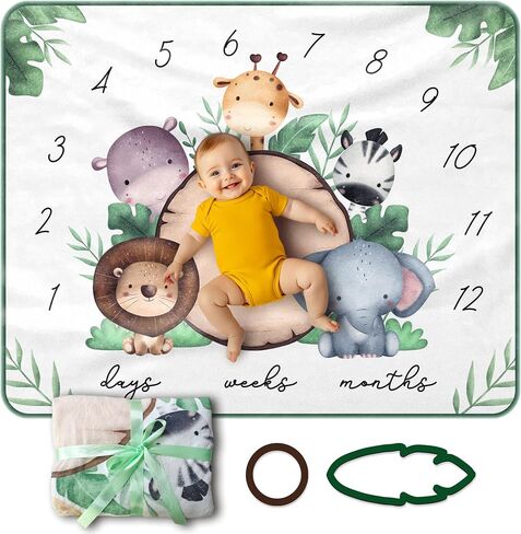 Baby Milestone Blanket – 40" x 50" Soft Animal-Themed Monthly Growth Tracker – Includes 2 Custom Date Markers – Elephant, Lion, Zebra, Giraffe & Hippo Design – White with Green Border in Saudi Arabia