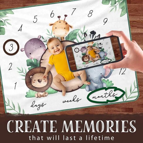Baby Milestone Blanket – 40" x 50" Soft Animal-Themed Monthly Growth Tracker – Includes 2 Custom Date Markers – Elephant, Lion, Zebra, Giraffe & Hippo Design – White with Green Border in Saudi Arabia