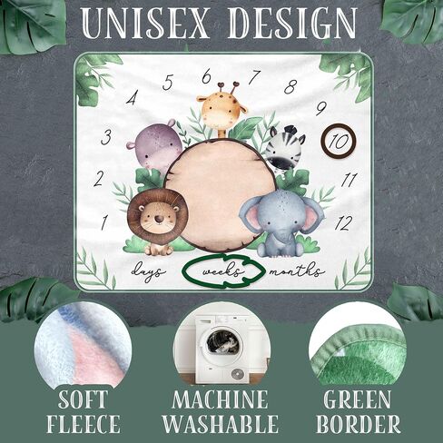 Baby Milestone Blanket – 40" x 50" Soft Animal-Themed Monthly Growth Tracker – Includes 2 Custom Date Markers – Elephant, Lion, Zebra, Giraffe & Hippo Design – White with Green Border in Saudi Arabia
