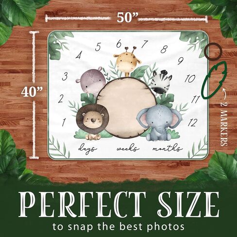 Baby Milestone Blanket – 40" x 50" Soft Animal-Themed Monthly Growth Tracker – Includes 2 Custom Date Markers – Elephant, Lion, Zebra, Giraffe & Hippo Design – White with Green Border in Saudi Arabia