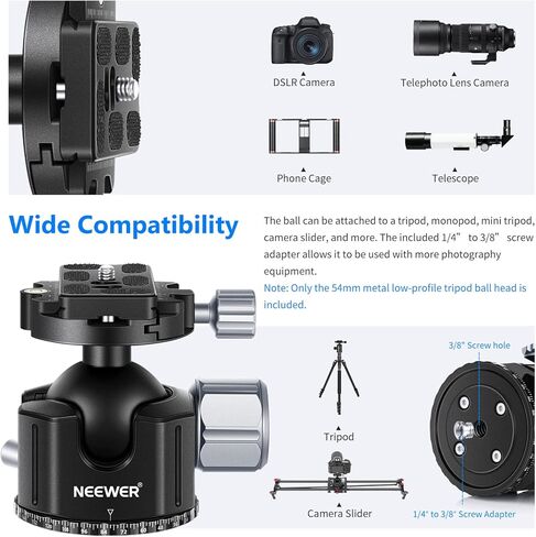 NEWER LOW PLEFT DSLR Camera Ball Head ، 54 مم جميع المعادن رأس الكاميرا الحاكمة رأس ترايبود مع لوحة سريعة 1/4 بوصة للكاميرا/كاميرا الفيديو DSLR ، ترايبود ، أحادي ، شريط التمرير ، حمولة كحد أقصى 77 رطل/35 كجم in Kuwait