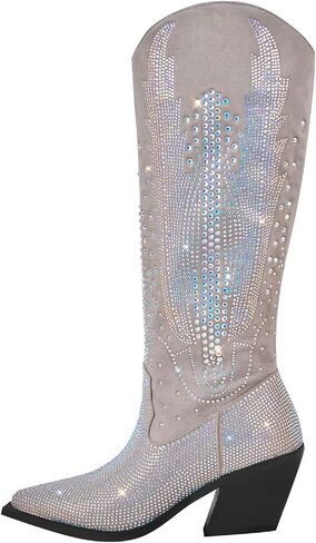 Women's Knee High Boots Cowboy Cowgirl Western Boots Rhinestone Bling Side Zipper Chunky Heel Fashion Shoes in Kuwait