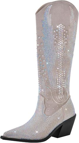 Women's Knee High Boots Cowboy Cowgirl Western Boots Rhinestone Bling Side Zipper Chunky Heel Fashion Shoes in Kuwait