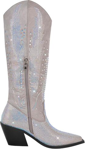 Women's Knee High Boots Cowboy Cowgirl Western Boots Rhinestone Bling Side Zipper Chunky Heel Fashion Shoes in Kuwait