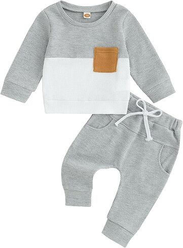 Kupretty Toddler Baby Boy Fall Winter Clothes Color Block Waffle Outfit Long Sleeve Sweatshirt Pullover Tops + Joggers Pants in Saudi Arabia