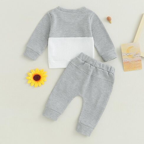 Kupretty Toddler Baby Boy Fall Winter Clothes Color Block Waffle Outfit Long Sleeve Sweatshirt Pullover Tops + Joggers Pants in Saudi Arabia