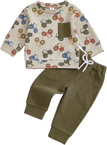 Toddler Baby Boy Fall Clothes Waffle outfit Long Sleeve Top Jogger Pant Set in Saudi Arabia