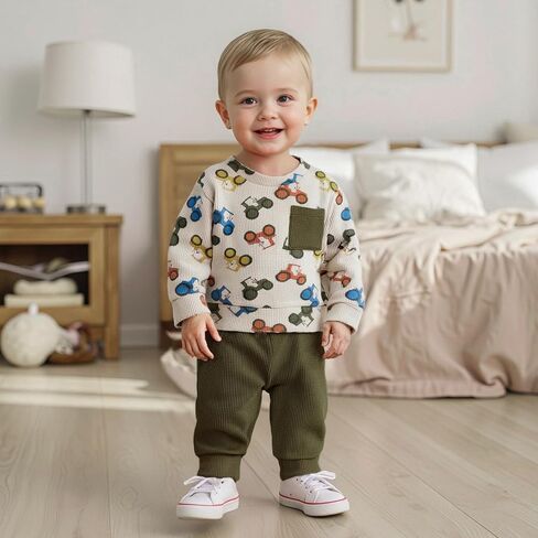 Toddler Baby Boy Fall Clothes Waffle outfit Long Sleeve Top Jogger Pant Set in Saudi Arabia