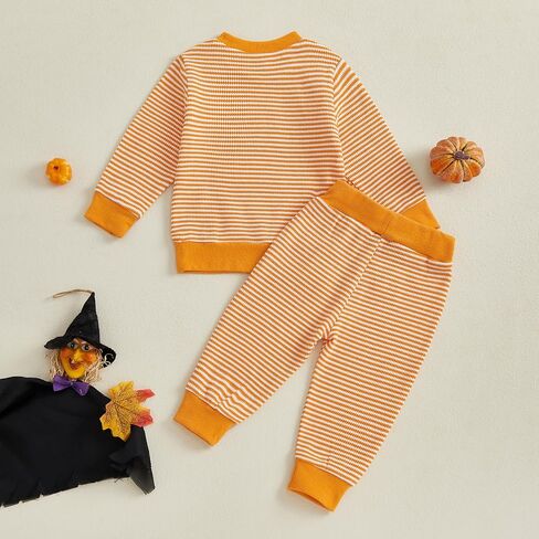 Karuedoo Toddler Baby Boy Girl Halloween Outfit Pumpkin Ghost Embroidery Stripe Long Sleeve Waffle Sweatshirt and Pants Set in Saudi Arabia
