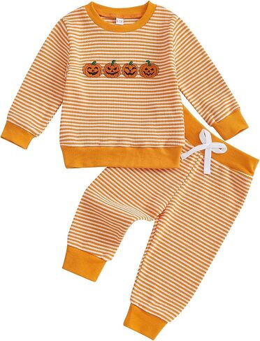 Karuedoo Toddler Baby Boy Girl Halloween Outfit Pumpkin Ghost Embroidery Stripe Long Sleeve Waffle Sweatshirt and Pants Set in Saudi Arabia