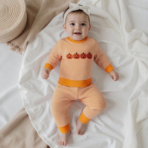Karuedoo Toddler Baby Boy Girl Halloween Outfit Pumpkin Ghost Embroidery Stripe Long Sleeve Waffle Sweatshirt and Pants Set in Saudi Arabia