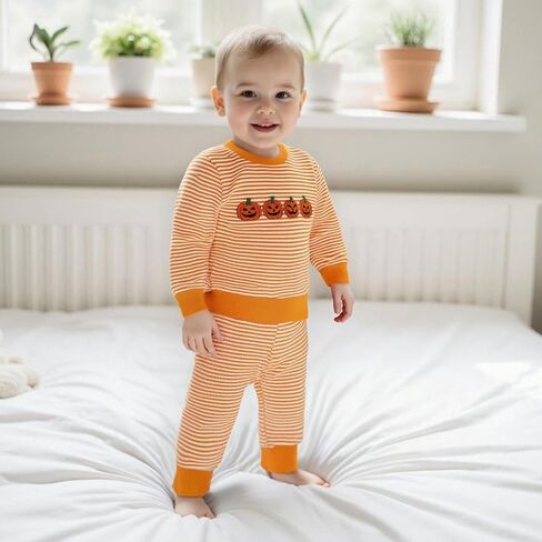 Karuedoo Toddler Baby Boy Girl Halloween Outfit Pumpkin Ghost Embroidery Stripe Long Sleeve Waffle Sweatshirt and Pants Set in Saudi Arabia