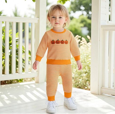 Karuedoo Toddler Baby Boy Girl Halloween Outfit Pumpkin Ghost Embroidery Stripe Long Sleeve Waffle Sweatshirt and Pants Set in Saudi Arabia