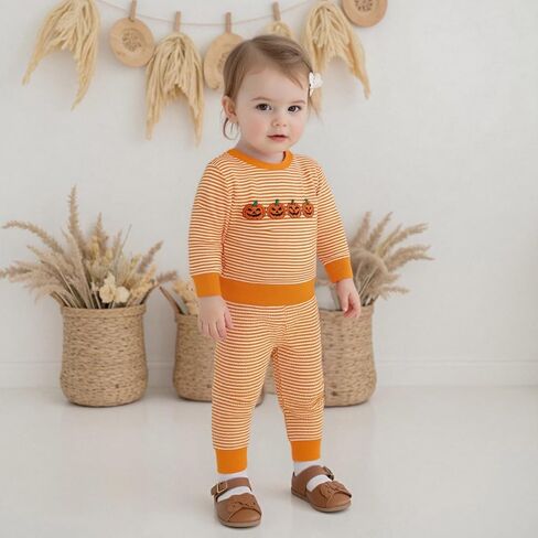 Karuedoo Toddler Baby Boy Girl Halloween Outfit Pumpkin Ghost Embroidery Stripe Long Sleeve Waffle Sweatshirt and Pants Set in Saudi Arabia