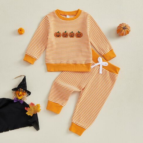Karuedoo Toddler Baby Boy Girl Halloween Outfit Pumpkin Ghost Embroidery Stripe Long Sleeve Waffle Sweatshirt and Pants Set in Saudi Arabia