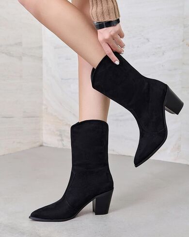 Coutgo Womens Cowboy Mid Calf Boots Block Heel Pointed Toe Suede Western Cowgirl Boots in Saudi Arabia