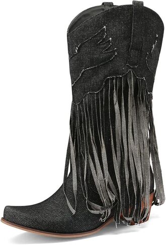 KISSASA Fringe Denim Cowgirl Boots Pointed Toe Mid Claf Cowboy Boots Chunky Stacked Heel Western Boots in Saudi Arabia